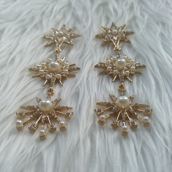 Gold Pearl Crystal Star Burst 3 Tier Drop Earrings - Picture 3 of 11